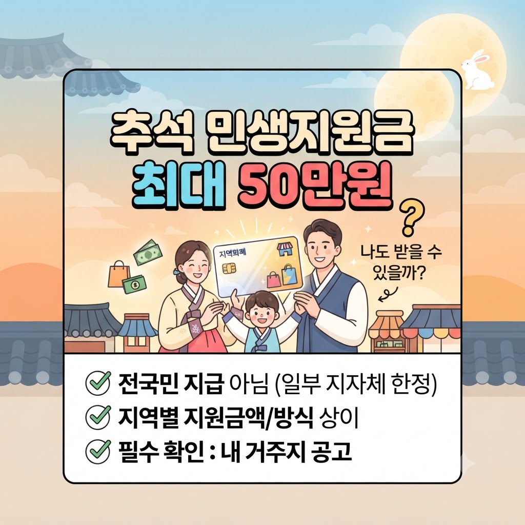 보름달 아래 한복 입은 가족이 지역화폐 카드를 들고 있는 추석 민생지원금 안내 일러스트. '최대 50만원' 지급 소식과 함께 전국민 대상이 아니며 지역별로 다르므로 거주지 공고를 확인해야 한다는 핵심 정보가 요약되어 있습니다.