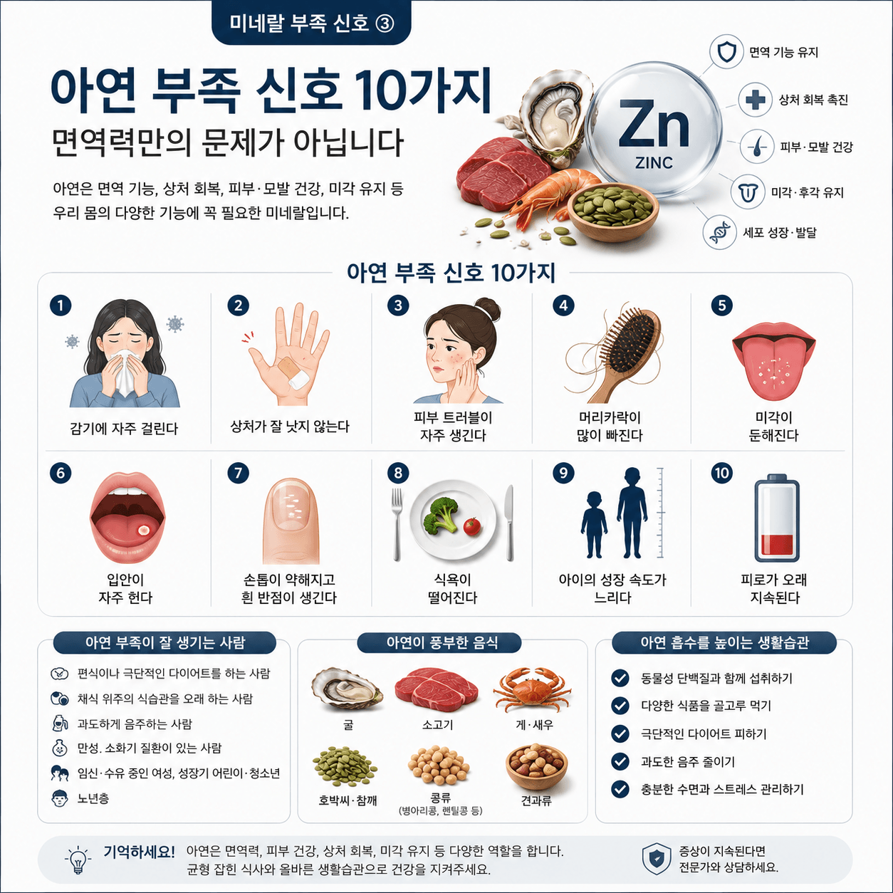 아연 부족 시 나타나는 대표 증상과 아연이 풍부한 음식, 관리 방법을 보기 쉽게 정리한 건강 인포그래픽