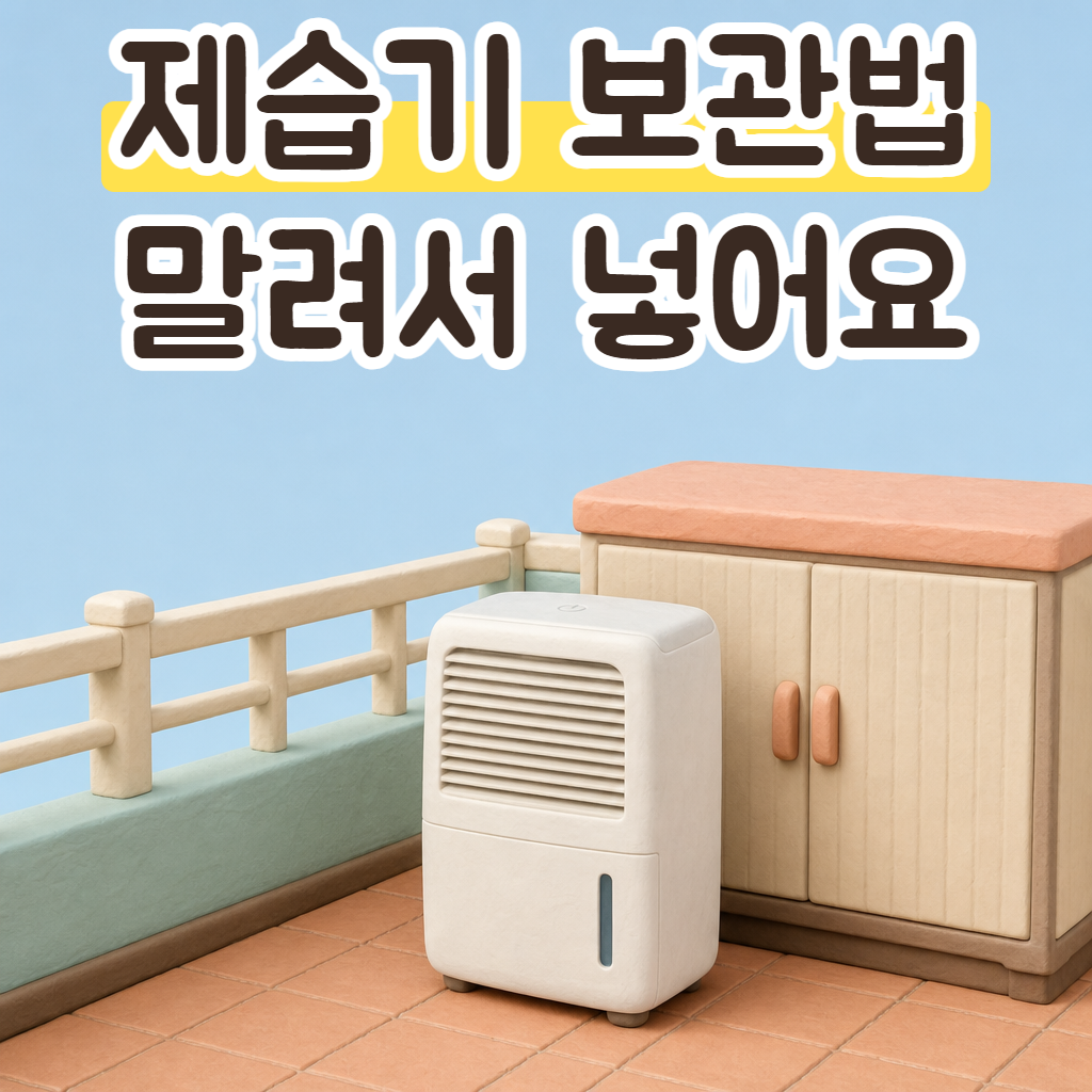 베란다 수납장 앞에 놓인 깨끗한 제습기
