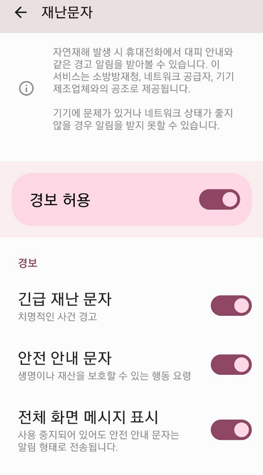 재난 문자 설정