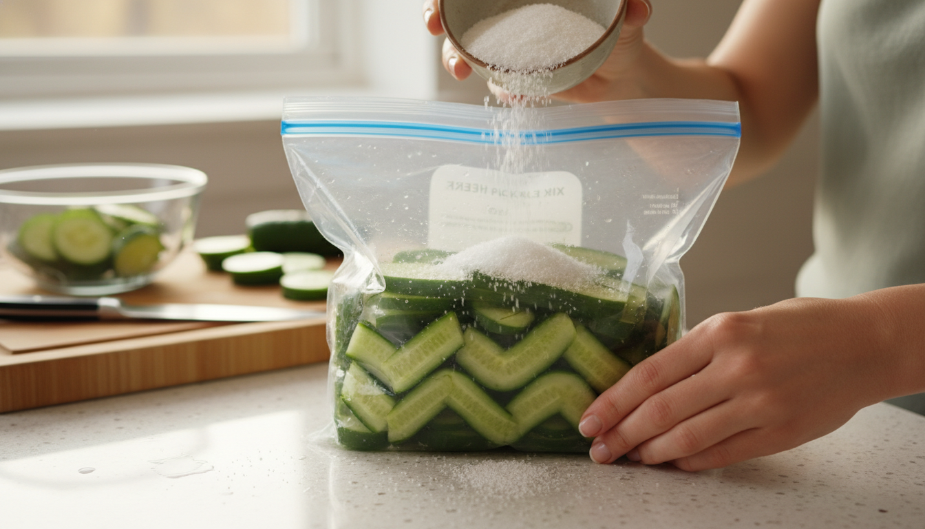 투명한 지퍼백 안에 오이를 엇갈리게 차곡차곡 담고 소금과 설탕 양념을 붓는 과정
