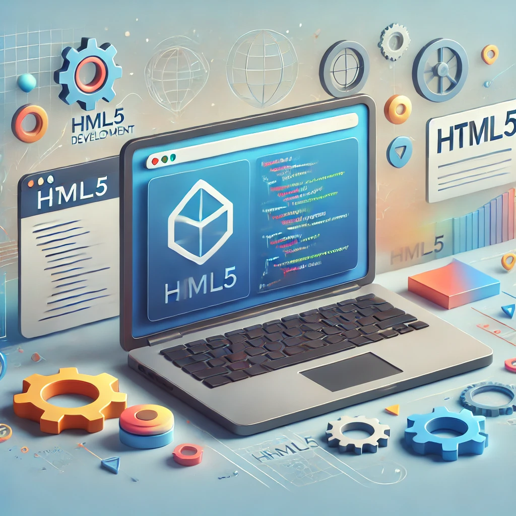 html 코드가 쓰여있는 책상위 노트북화면