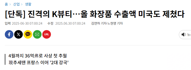 [단독] 진격의 K뷰티…올 화장품 수출액 미국도 제쳤다