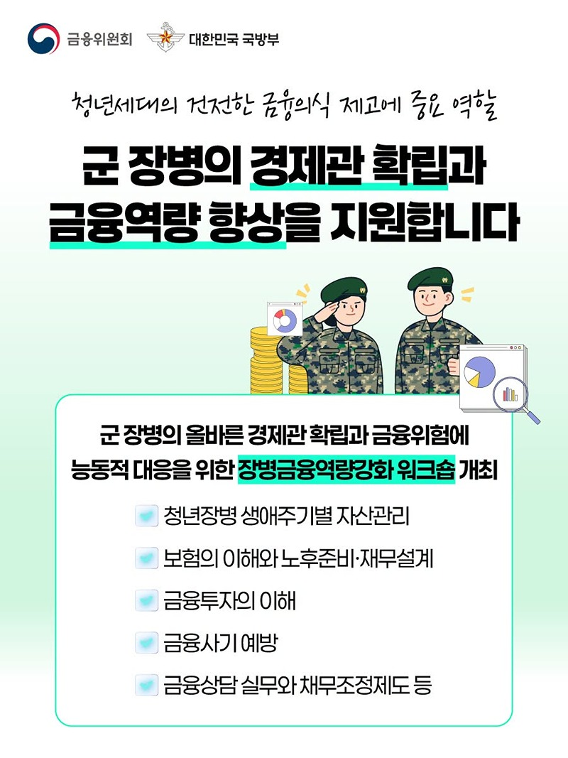 청년세대의 건전한 금융의식 제고에 중요 역할
■ 군 장병의 경제관 확립과 금융역량 향상을 지원합니다.

군 장병의 올바른 경제관 확립과 금융위험에 능동적 대응을 위한 장병금융역량강화 워크숍 개최
&middot; 청년장병 생애주기별 자산관리
&middot; 보험의 이해와 노후준비&middot;재무설계
&middot; 금융투자의 이해
&middot; 금융사기 예방
&middot; 금융상담 실무와 채무조정제도 등