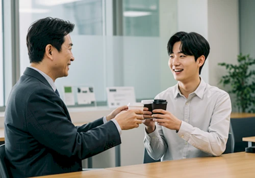 선배에게 도움받은 후배 직원이 감사 표시로 커피를 건네며 훈훈한 직장 동료 관계를 보여주는 장면.