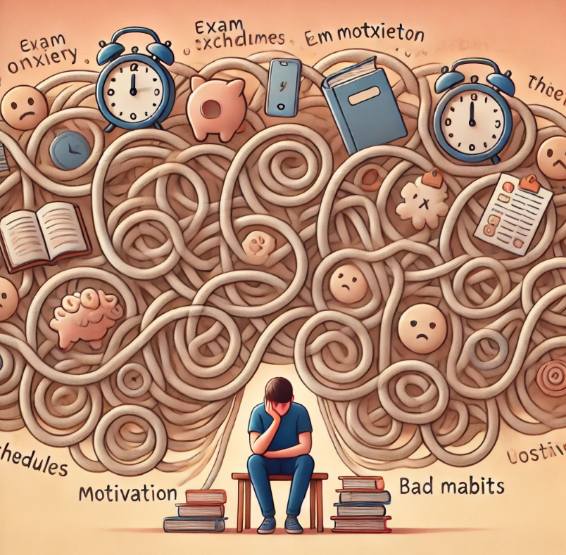 배경은 복잡하게 엉킨 실타래처럼 표현된 생각들 — 시험불안, 부족한 동기, 나쁜 공부습관을 상징하는 키워드와 아이콘(시계, 스마트폰, 지친 표정 등)이 뒤엉켜 있음. 그 실타래 옆에는 한 학생이 조용히 앉아 생각을 정리하기 시작하고, 오른쪽으로 갈수록 그 실타래가 차분하게 정리되어 책, 계획표, 마인드맵, 긍정적인 단어들로 구성된 선명한 흐름으로 바뀜. 전체적으로 따뜻하고 희망적인 분위기, 컬러는 파스텔 톤