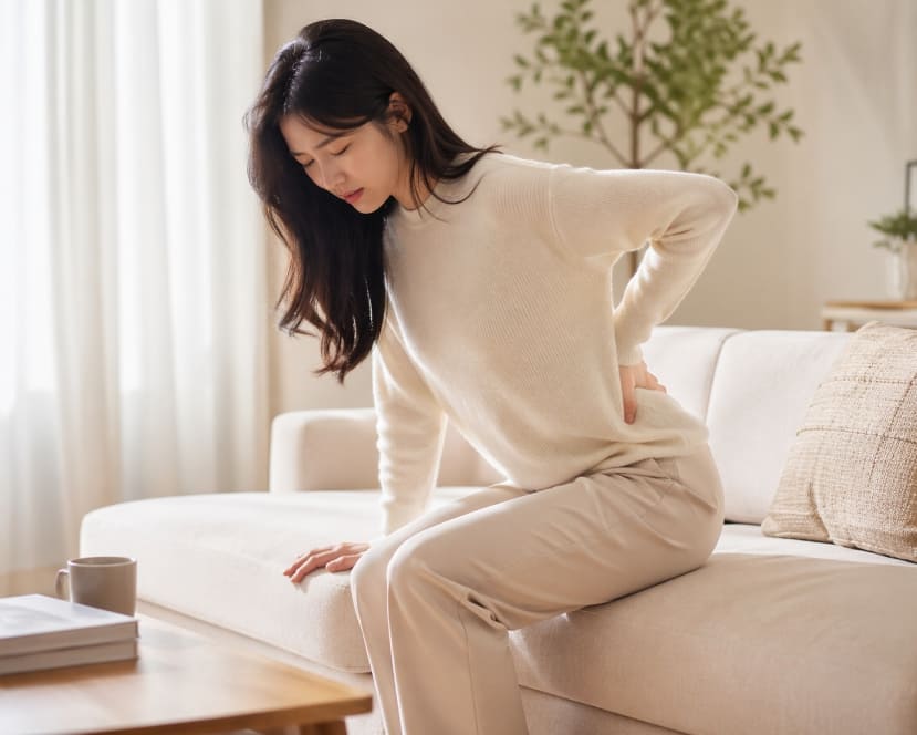 허리를 잡고 조심스럽게 앉는 모습