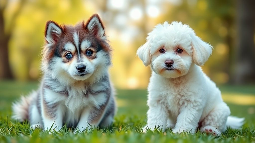 잔디밭 위에 폼스키와 말티푸가 앉아있다.