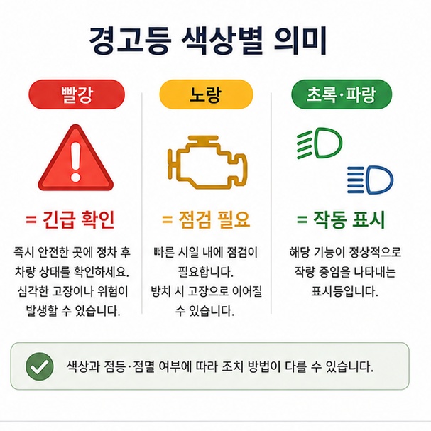 자동차 경고등 색깔별로 빨간색은 긴급 확인, 노란색은 점검 필요, 초록색과 파란색은 장치 작동 상태를 의미하는 일반적인 차이를 설명한 이미지