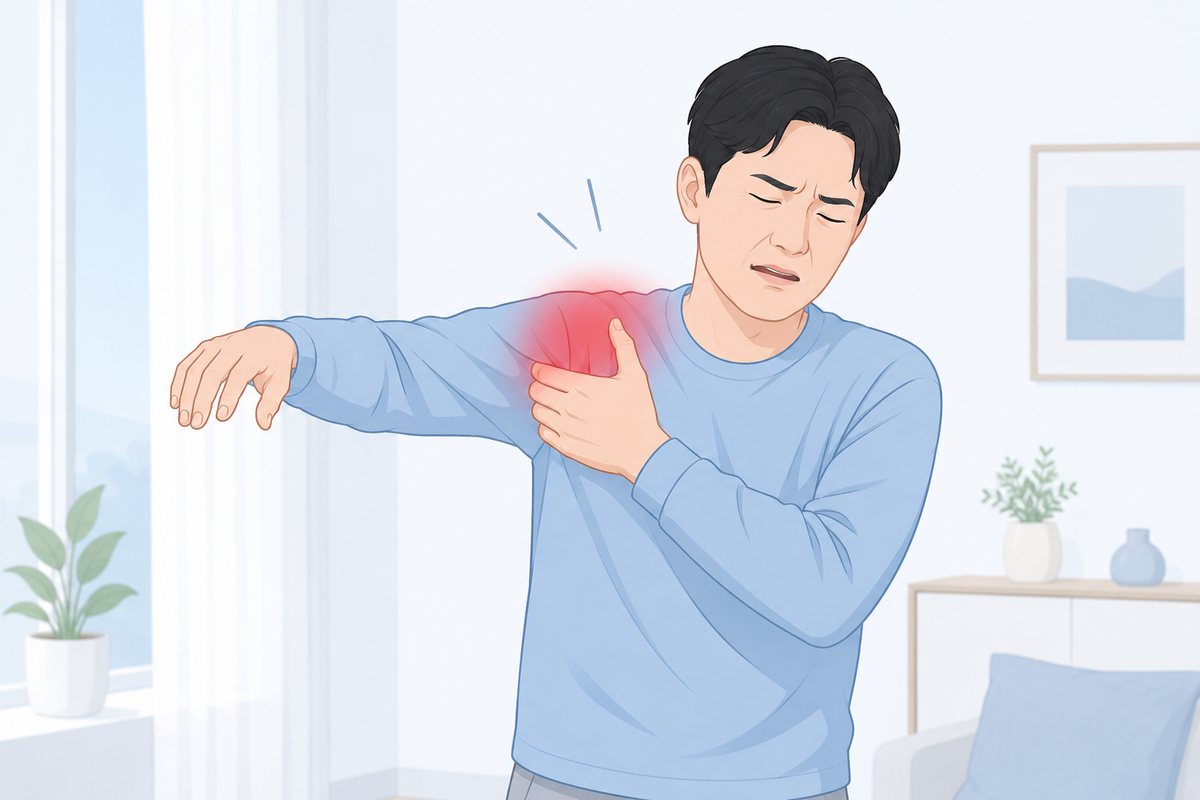한쪽 팔을 옆으로 뻗은 채 반대 손으로 어깨를 짚고 찡그리는 남성, 석회화건염 증상
