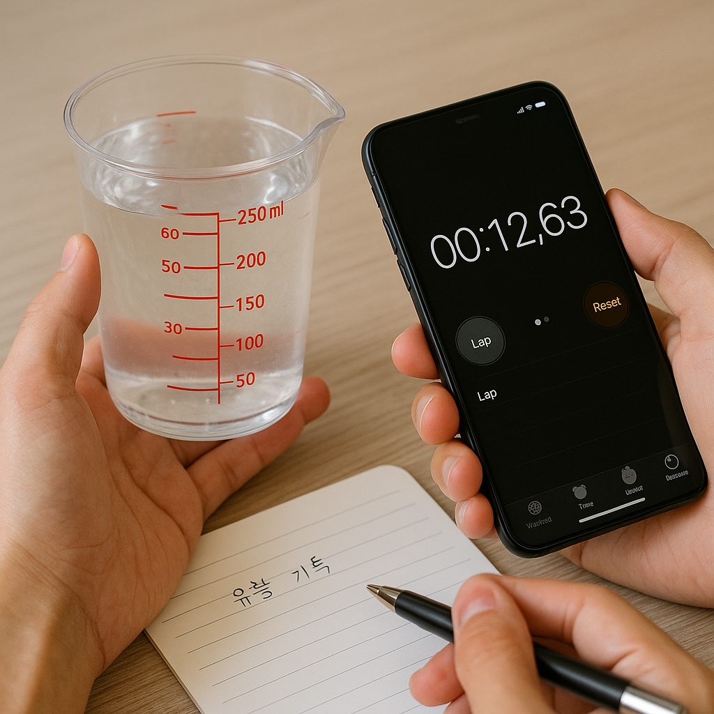 250mL 계량컵과 스마트폰 스톱워치, 노트에 유량 기록