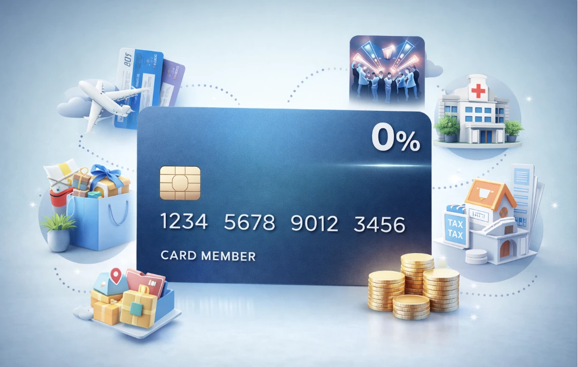 2026년 무이자 할부 카드 혜택과 캐시백을 보여주는 현대적인 디자인의 신용카드와 다양한 소비 아이콘.