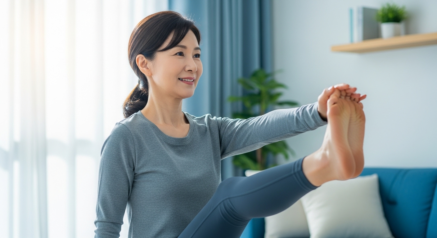 50대 여성이 밝은 거실에서 앉아서 다리 들기 운동을 하며 무릎 퇴행성 관절염에 좋은 저강도 홈 트레이닝을 하는 모습