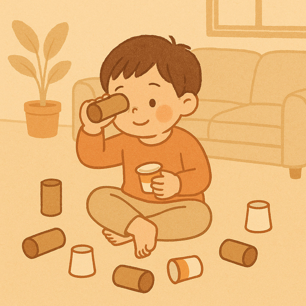 휴지심, 플라스틱 요거트 통 등 재활용쓰레기로 놀이하는 아이 이미지