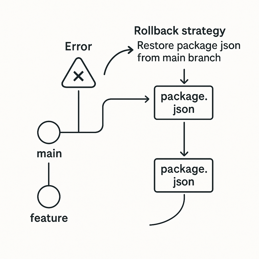 npm 패키지 업데이트 오류 발생 시 롤백 과정을 보여주는 기술 다이어그램