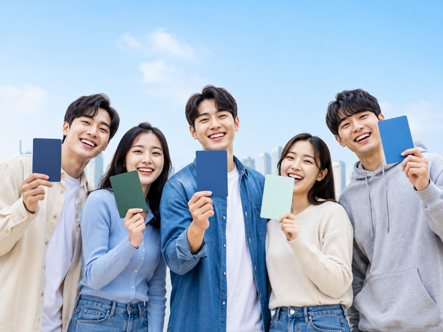 청년들이 밝은 하늘과 도시 배경 앞에서 웃으며 통장을 들고 있는 청년미래적금 홍보용 이미지