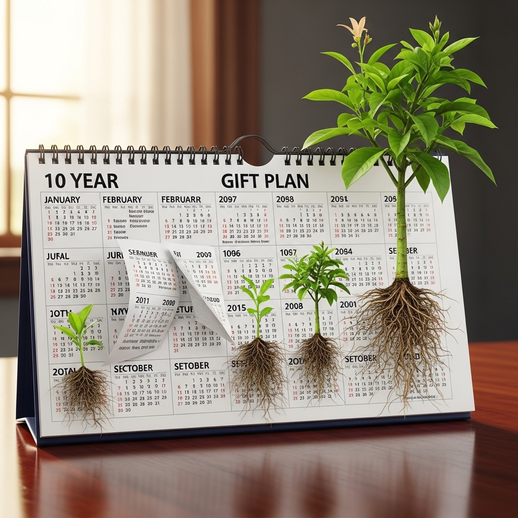 10년 주기 증여 계획을 나타내는 캘린더와 성장하는 식물 이미지. 장기적인 자산 증여 전략을 상징합니다.