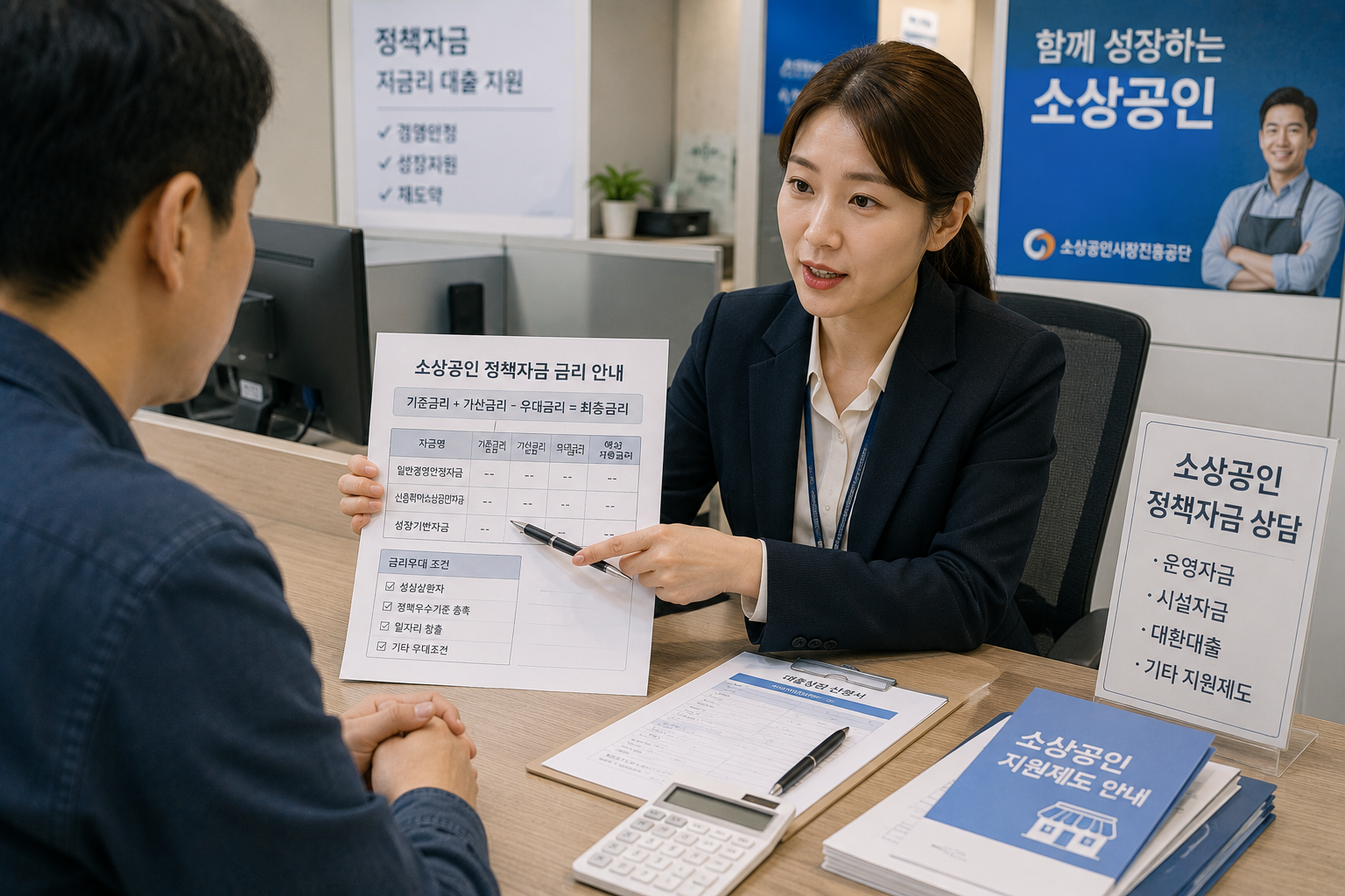 소상공인이 상담창구에서 정책자금 기준금리와 우대금리 적용 여부를 확인하는 모습