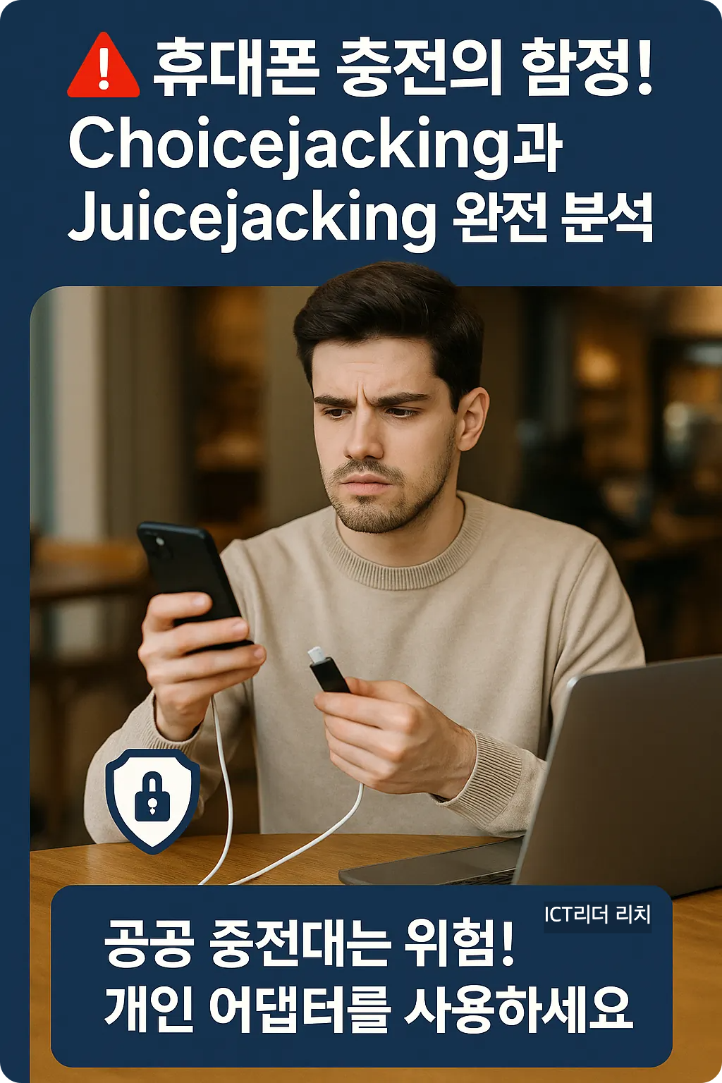 카페에서 공용 충전기에 스마트폰을 꽂으려는 20대 남성, Juicejacking 보안 위험 안내 인포그래픽