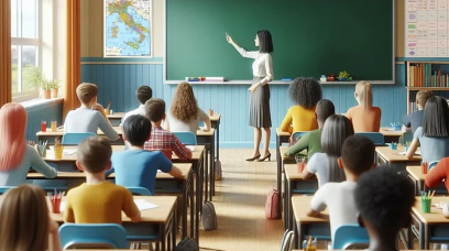 2025학년 취학통지서 인터넷 발급 방법과 관련하여 초등학교에서 수업을 받고 있는 아동들과 수업 중인 선생님