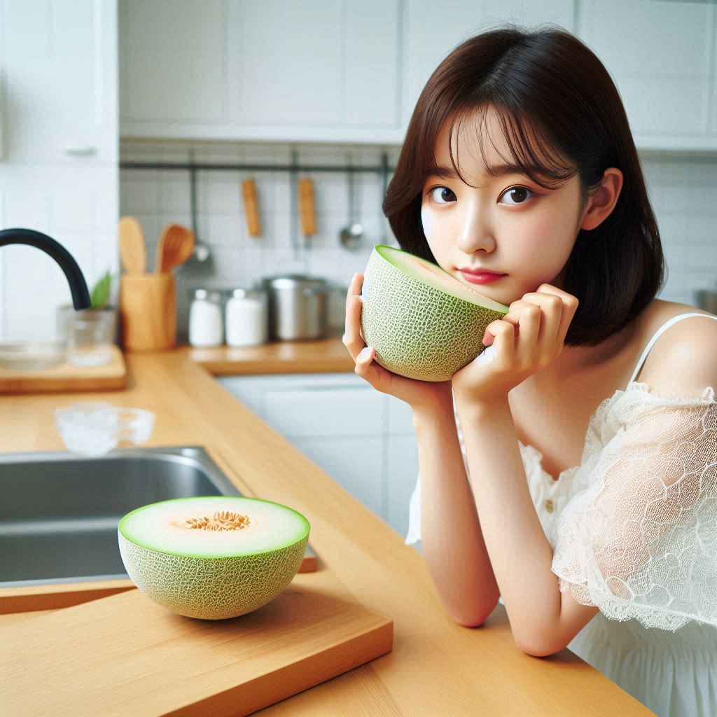 반으로 자른 메론을 들고있는 사람
