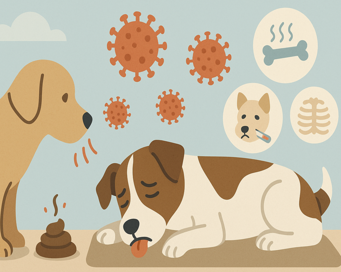 강아지가 두 마리 있는데 한 마리는 병에 걸려 기운없이 엎드려 있음 주변에 똥과 형상화 된 바이러스 모양이 있음