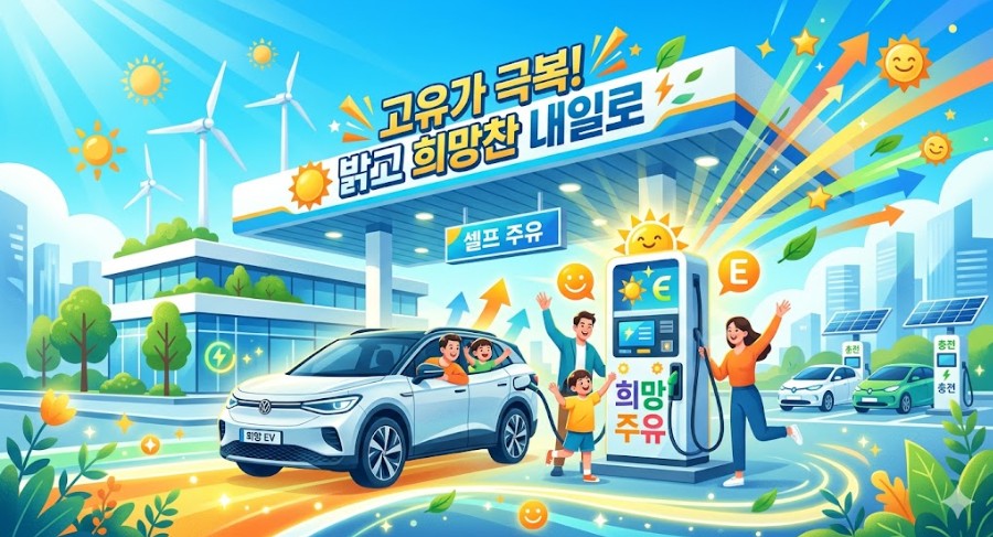 현대적인 주유소 배경에 고유가 극복을 상징하는 밝고 희망찬 분위기