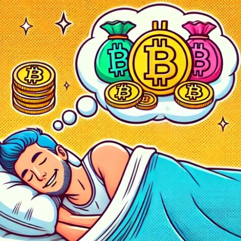 비트코인을 많이 벌어서 부자가 된 꿈을 꾸는 남자를 그린 그림