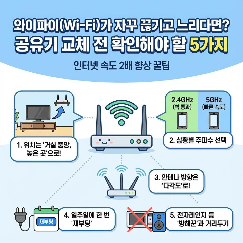 와이파이 속도 느릴 때 공유기 교체 전 확인해야 할 5가지 최적화 방법 요약 인포그래픽