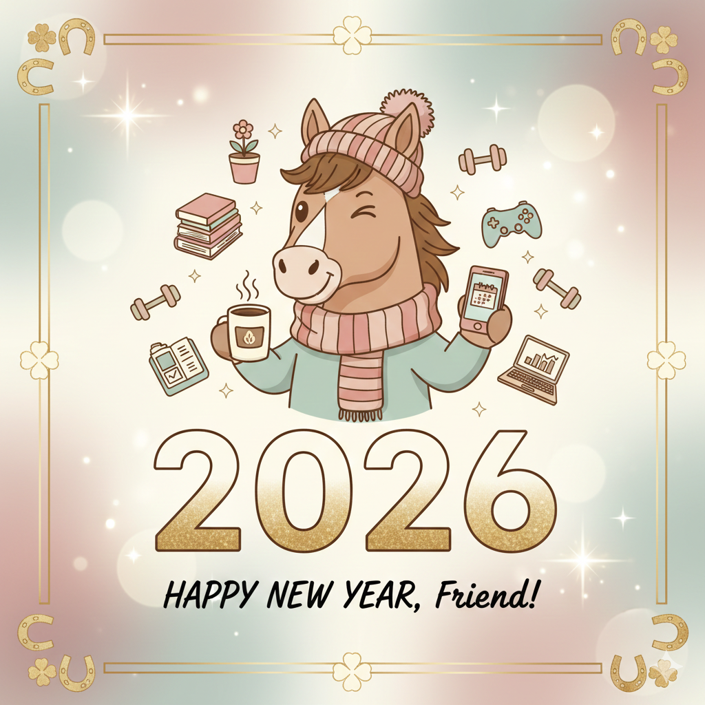 모자와 목도리를 한 귀여운 말 캐릭터가 커피와 스마트폰을 들고 있는 2026년 새해 카드. 30대 친구에게 어울리는 아기자기하고 센스 있는 새해 인사 이미지.