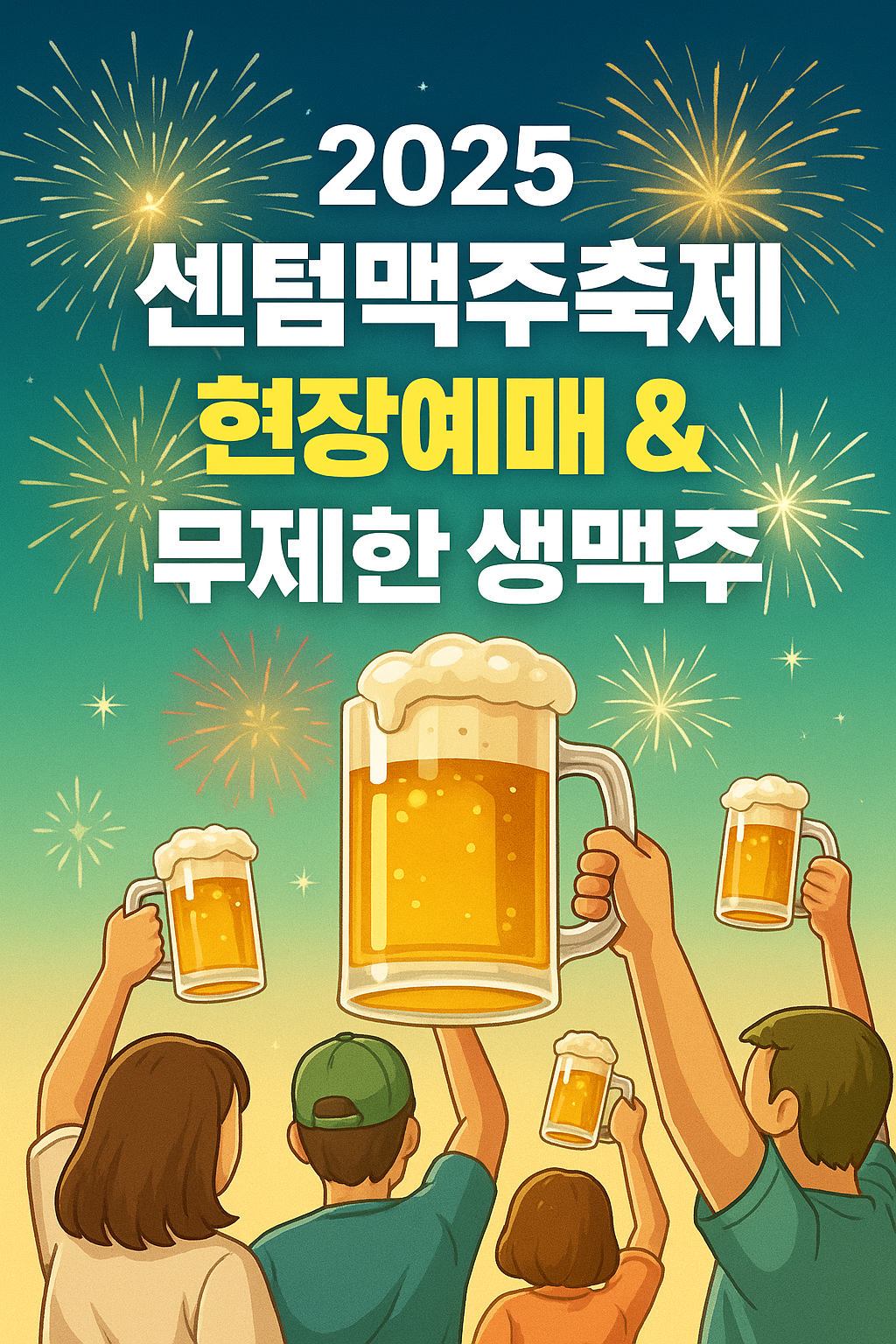2025 센텀맥주축제 현장예매 및 생맥주 무제한 안내 대표 썸네일, 불꽃놀이와 맥주잔을 든 사람들의 축제 분위기 일러스트