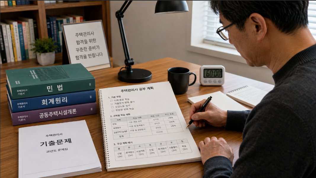 주택관리사 시험 난이도를 확인하며 민법 회계원리 시설개론을 공부하는 모습