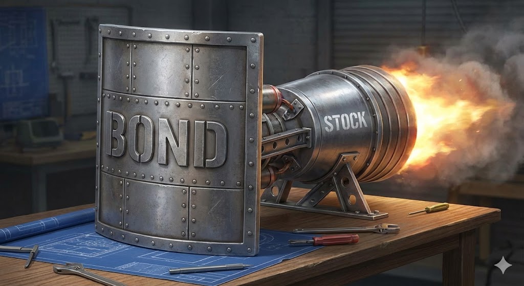 안전 자산(방패) 뒤에 숨겨진 강력한 주식(로켓) 엔진을 보여주는 인포그래픽