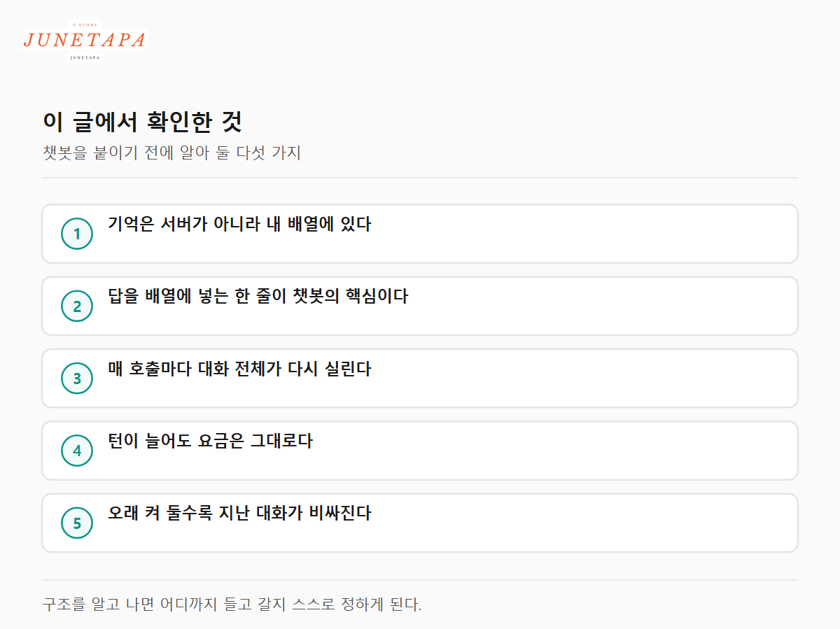 이 글에서 확인한 다섯 가지를 맞음과 아님으로 정리한 체크리스트