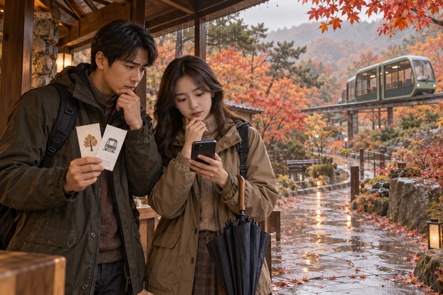 가을 숲 입구에서 우산과 서로 다른 두 장의 표를 든 여행객이 휴대폰을 확인하는 생성 장면