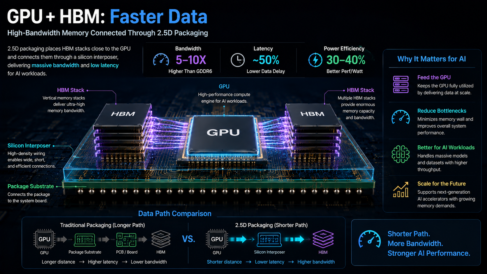 GPU and HBM high-bandwidth connection using 2.5D packaging for AI computing