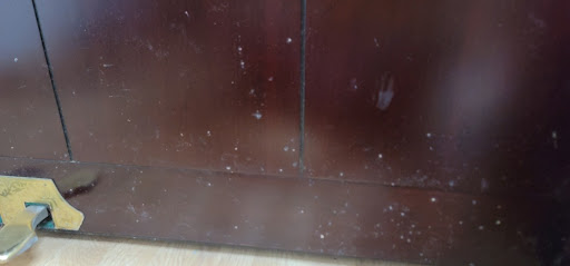 갈색 피아노 하단 표면에 하얀 점 형태로 번진 곰팡이