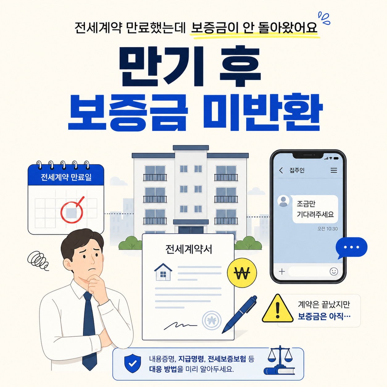 전세 계약 만기 후에도 보증금을 돌려받지 못한 임차인이 계약서, 만료일, 집주인 문자 내용을 확인하며 대응 방법을 고민하는 법률 정보 인포그래픽 이미지