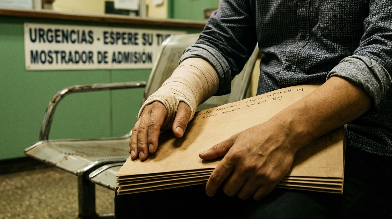 병원 대기실 의자에 앉아 부목을 댄 손목으로 서류 봉투를 들고 있는 남성의 손