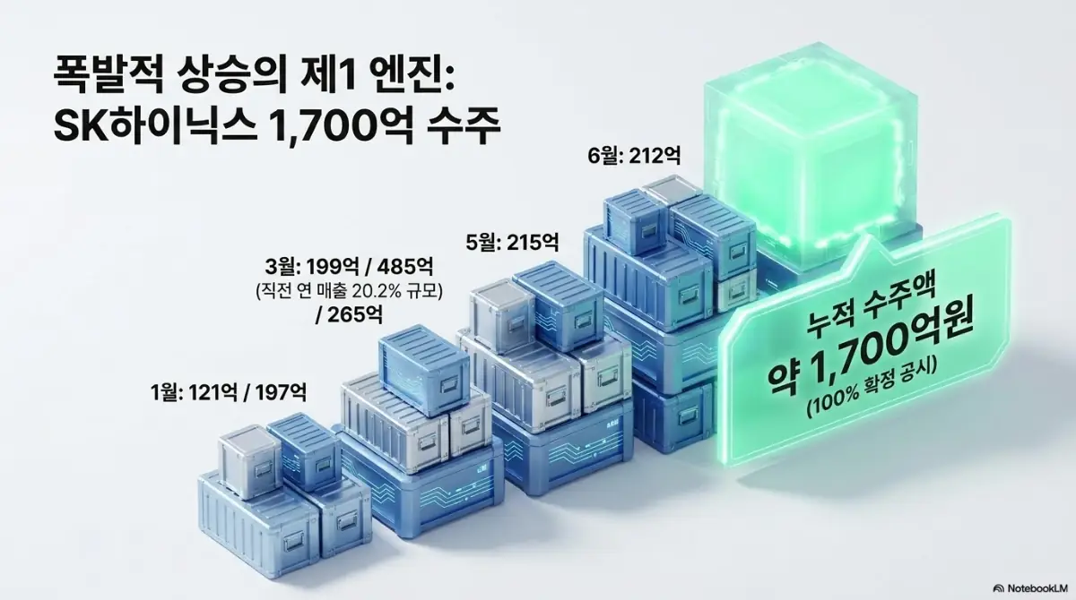 테스 주가 전망: 2026년 테스 SK하이닉스 수주 약 1&amp;#44;700억원을 월별로 정리한 이미지. 1월 121억&middot;197억부터 6월 212억까지 일곱 차례 공급계약이 모두 확정 공시임을 시각화했으며&amp;#44; 테스 주가 급등의 제1 엔진인 수주 모멘텀을 설명함
