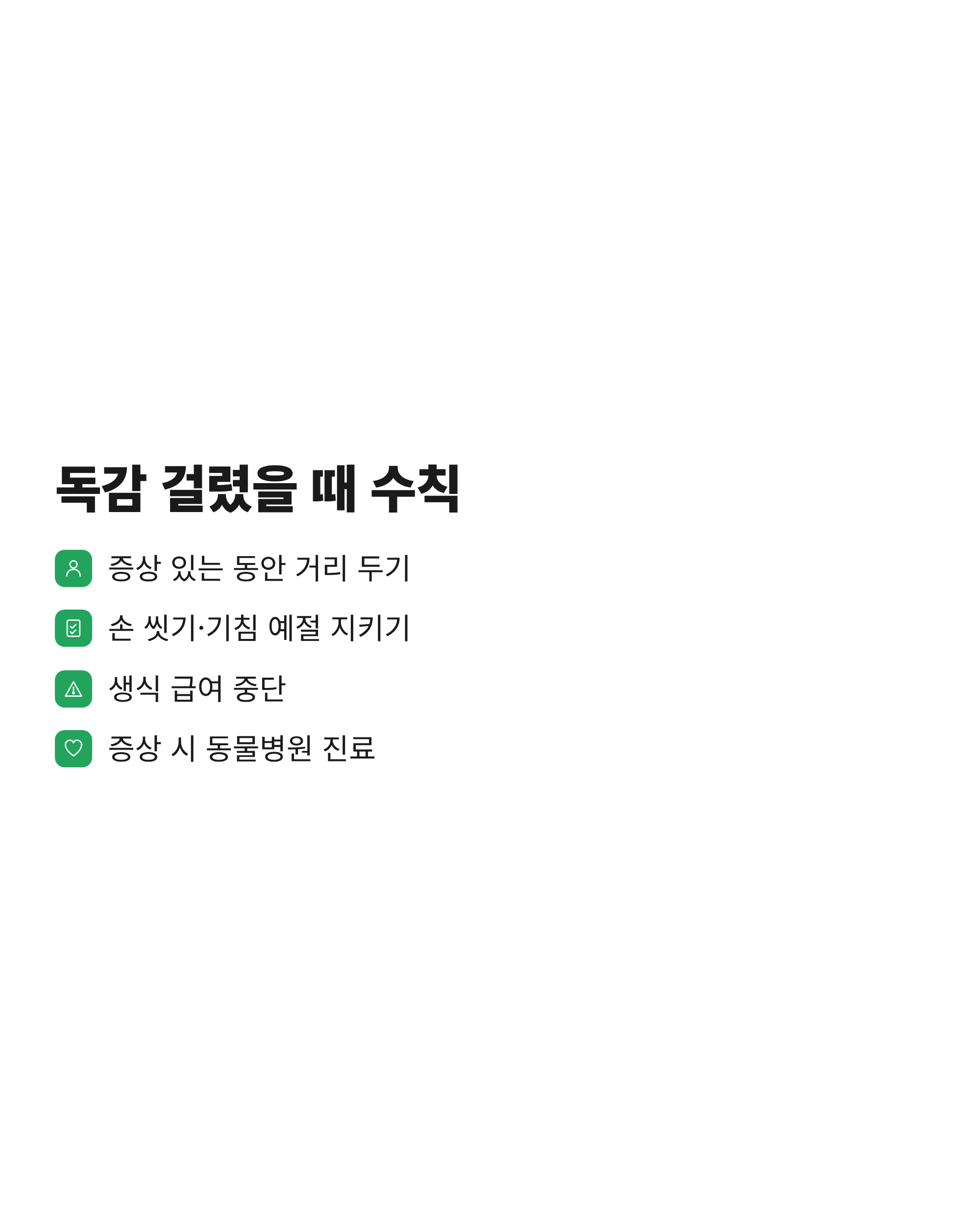 보호자가 독감에 걸렸을 때 반려동물을 지키기 위한 네 가지 생활 수칙을 정리한 체크리스트