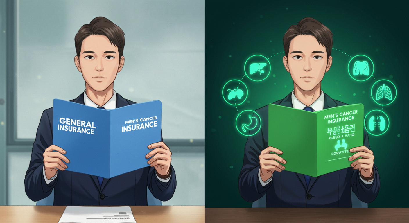남성 전용 암보험과 일반형 암보험의 차이를 비교하는 장면
