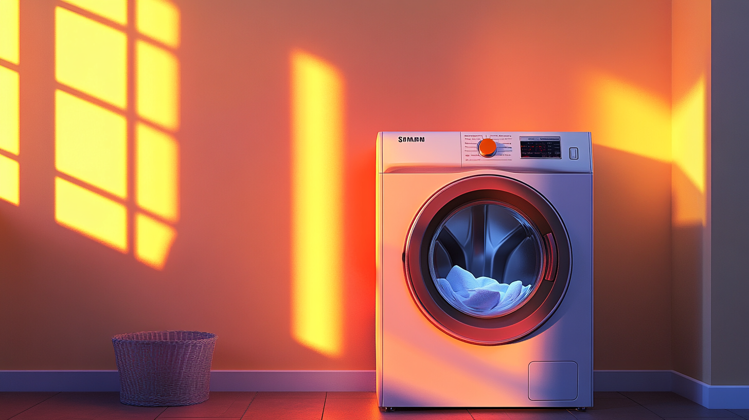 현대적이고 미니멀한 세탁실에 설치된 삼성 비스포크 세탁건조기 콤보, 플랫한 디자인과 생생한 색상 옵션이 강조된 모습.