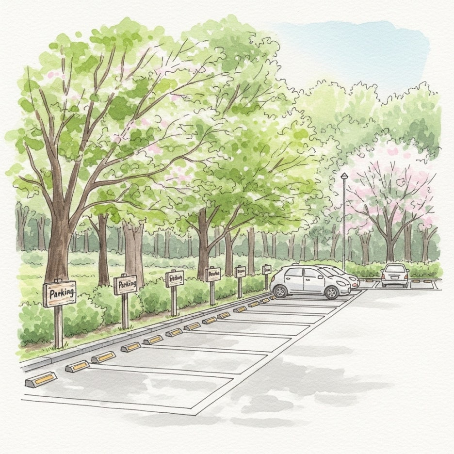나무들이 둘러싸고 있는 공원 근처의 차분한 주차장 모습