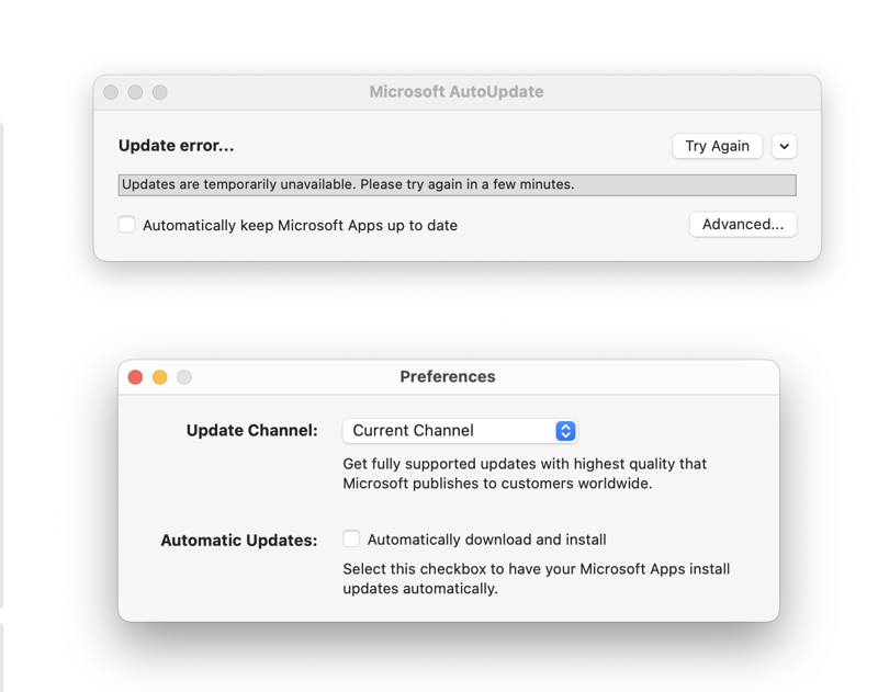맥 Microsoft AutoUpdate 팝업 또는 삭제 관련 화면