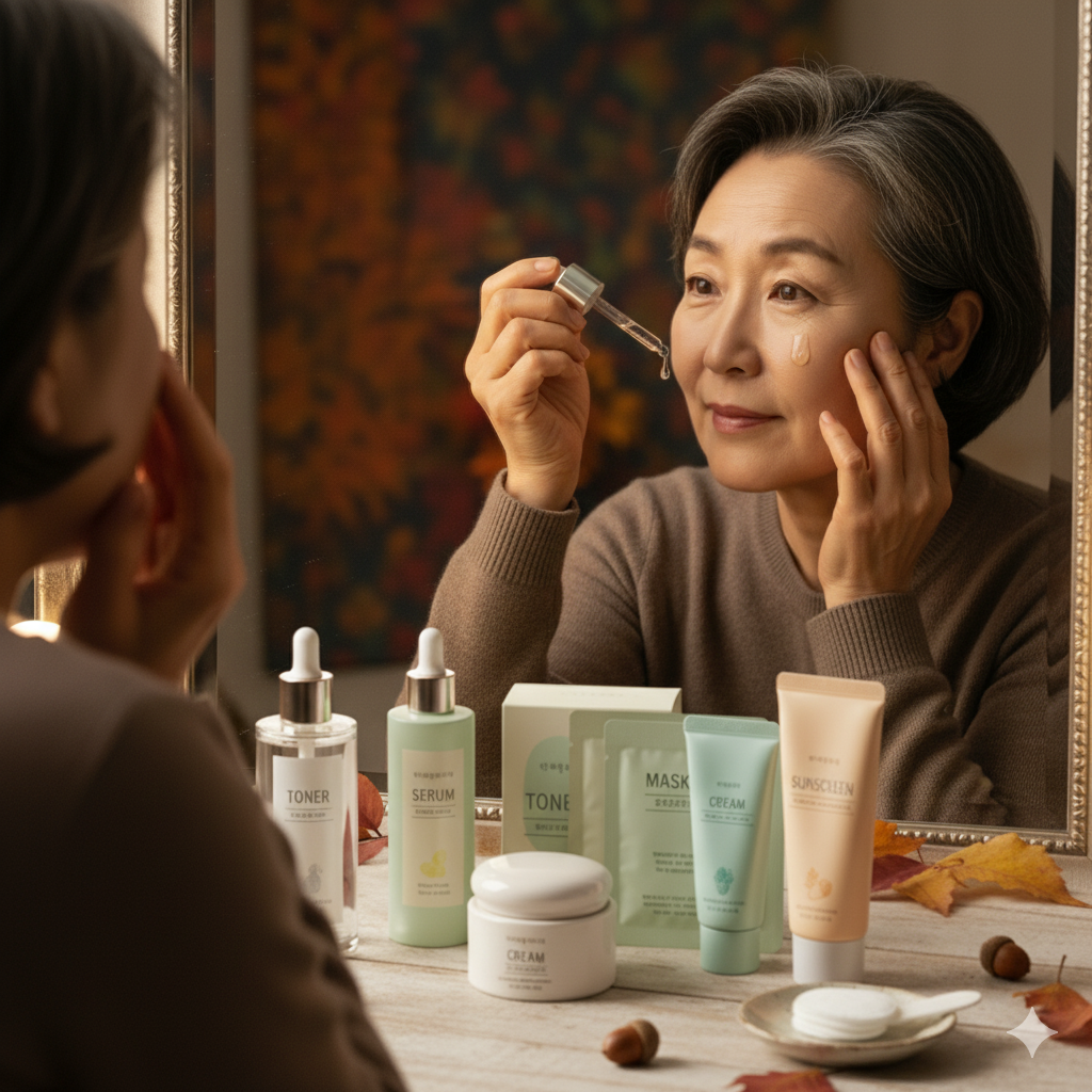 환절기 기초케어 화장품을 바르고 있는50대 여성