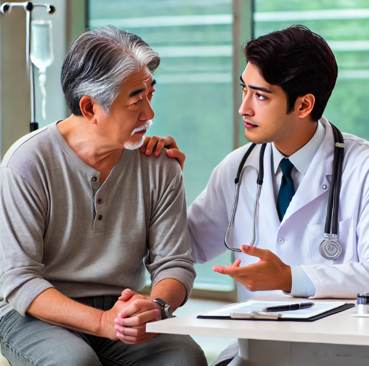 만성 질환 치료 상담 중인 환자와 의사의 모습