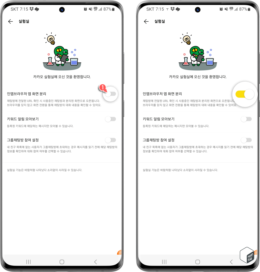 실험실 > 인앱브라우저 앱 화면 분리 켬