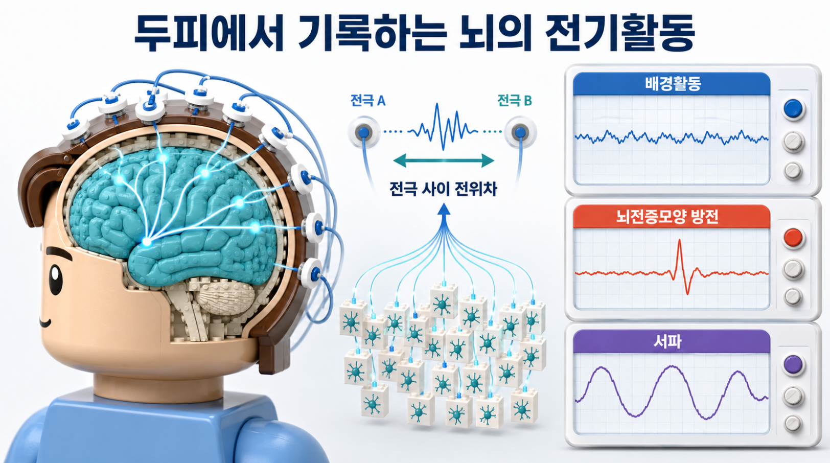 두피 전극이 대뇌피질 전기활동을 기록하는 원리와 배경활동·뇌전증모양 방전·서파를 비교한 의료 인포그래픽