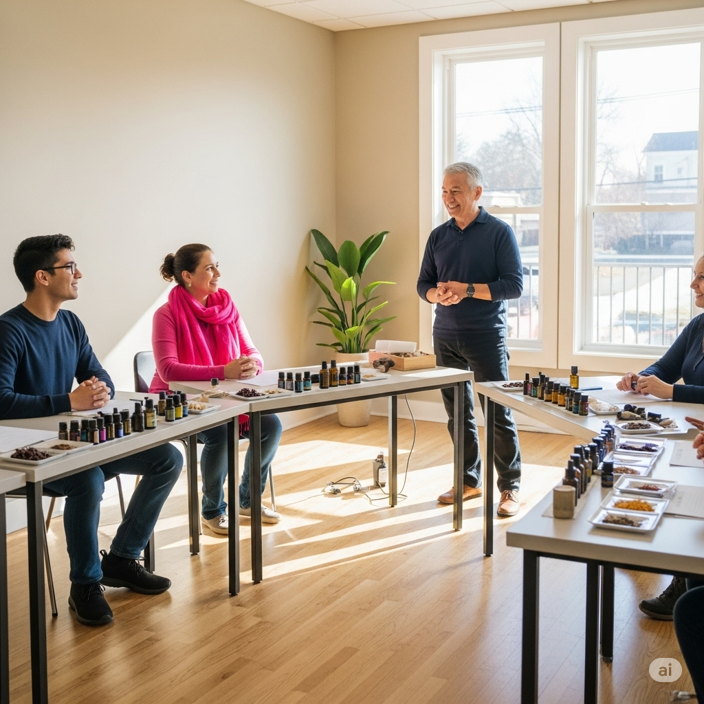 밝고 통풍이 잘 되는 아로마테라피 수업 장면을 넓게 보여줍니다.